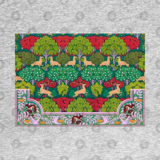 Deer and Trees,Squirrel,Doves and Rowan Red Green Art Nouveau Floral by BulganLumini